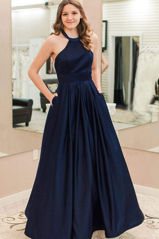 Blue A Line Floor Length Halter Sleeveless Prom Dresses