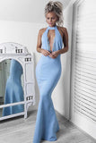 Light Blue Sheath Elegant Floor Length Halter Sleeveless Prom Dresses