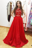 Red A Line Brush Train Two Pieces Lace Prom Dresses