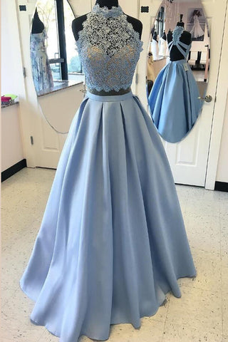 Blue Two Piece A Line Halter Sleeveless Open Back Appliques Prom Dresses