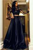 Black Two Piece A Line Brush Train Long Sleeves Lace Prom Dresses