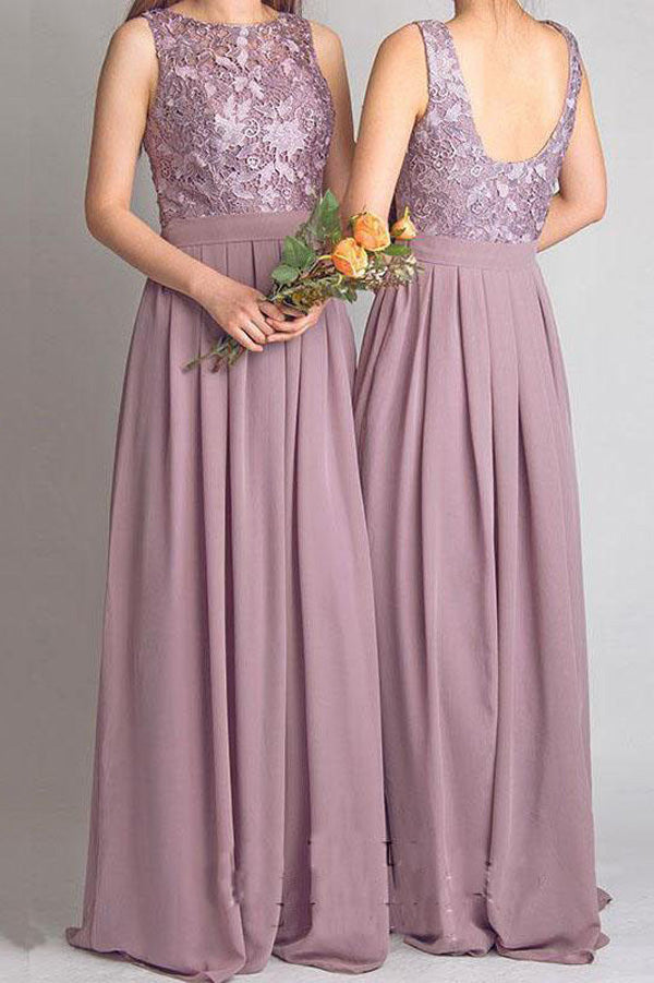 A Line Floor Length Jewel Neck Sleeveless Appliques Bridesmaid Dresses