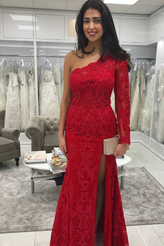 Charming Red Lace Long Sleeves One Shoulder With Split Side Prom Dresses