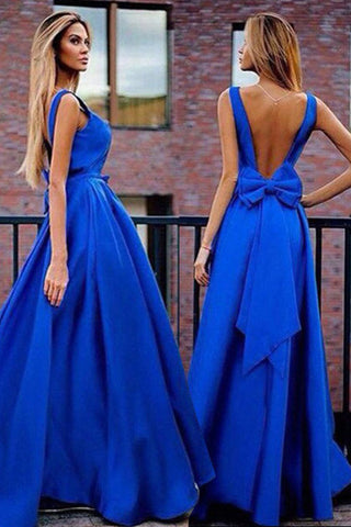 Blue A Line Deep V Back Sleeveless Bowknot Prom Dresses