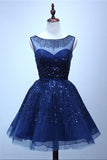 Navy Blue A Line Sheer Neck Sleeveless Deep V Back Sequins Beading Short Homecoming Dresses