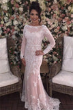 2024 Mermaid Prom Dresses Scoop Long Sleeves Tulle With Applique