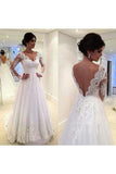A Line V Neck Long Sleeves Cheap Tulle Wedding Dresses With Appliques