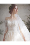 Wedding Dress With 3/4 Sleeves And Appliques Illusion Neckline
