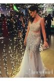 Silver Sequins Luxurious See Through Party Dress Backless Mermaid Long Prom Dress