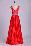 2024 V-Neck Lace Bodice Prom Dresses Satin Beaded Waistline