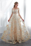 A Line Floor Length Floral Prom Dresses 3/4 Sleeves A-Line Empire Waist Long Evening Gowns