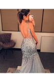 Silver Sequins Luxurious See Through Party Dress Backless Mermaid Long Prom Dress