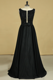 2024 Black Prom Dresses Black Bodice Scoop Satin Floor Length Beaded & Belt