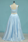 2024 V Neck Two-Piece Prom Dresses A Line Satin With Beads Floor Length