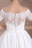 Short Sleeves A-Line Tea-Length White Bridal Dress With Appliques