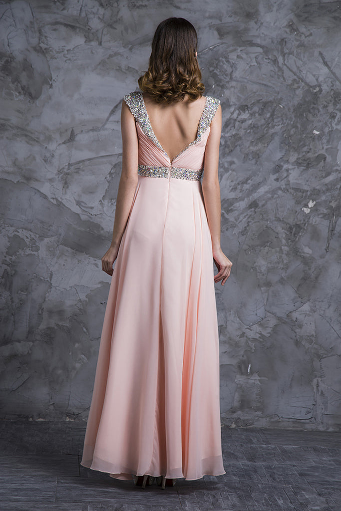 Best Selling Prom Dresses A-Line V-Neck Floor-Length Chiffon Zipper Back