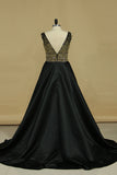 2024 New Arrival A Line V Neck Prom Dresses Satin With Beads&Rhinestones