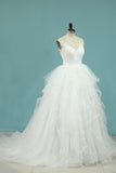 2024 Tulle V Neck A Line With Applique Chapel Train Wedding Dresses