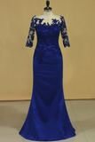 2024 Bateau Dark Royal Blue Mother Of The Bride Dresses 3/4 Length Sleeve With Applique Satin Dark Royal Blue