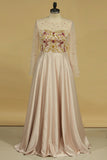 2024 Long Sleeves Satin Scoop A Line Prom Dresses Beaded Bodice