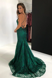 Elegant Straps V Neck Lace Mermaid Long Evening Dresses, Prom Dresses