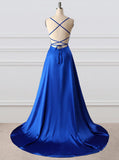 Royal Blue A Line Brush Train Sleeveless Backless Side Slit Prom Dresses