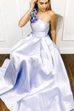 Simple One Shoulder Satin Floor Length Prom Dress With Flowers, Cheap Long Party Dress