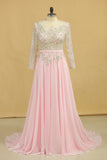 2024 Plus Size A Line Chiffon Prom Dresses Bateau Long Sleeves With Beads & Applique