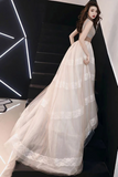 Unique V Neck Tulle Lace Long Prom Dress Tulle V Back Evening Dress With Train