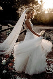 Elegant A Line V Neck Tulle Wedding Dresses With Flowers, V Back Beach Wedding Gowns
