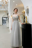 Spaghetti Straps Floor Length Tulle Prom Gowns, A Line Long Party Dress Beads
