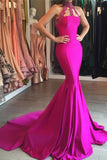2024 New Arrival High Neck Satin With Applique Mermaid Sweep Train Prom Dresses