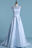 2024 Prom Dresses A Line Scoop Satin Covered Button Sweep Train