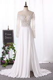 2024 Bateau Wedding Dresses Long Sleeves A Line Chiffon With Applique And Slit