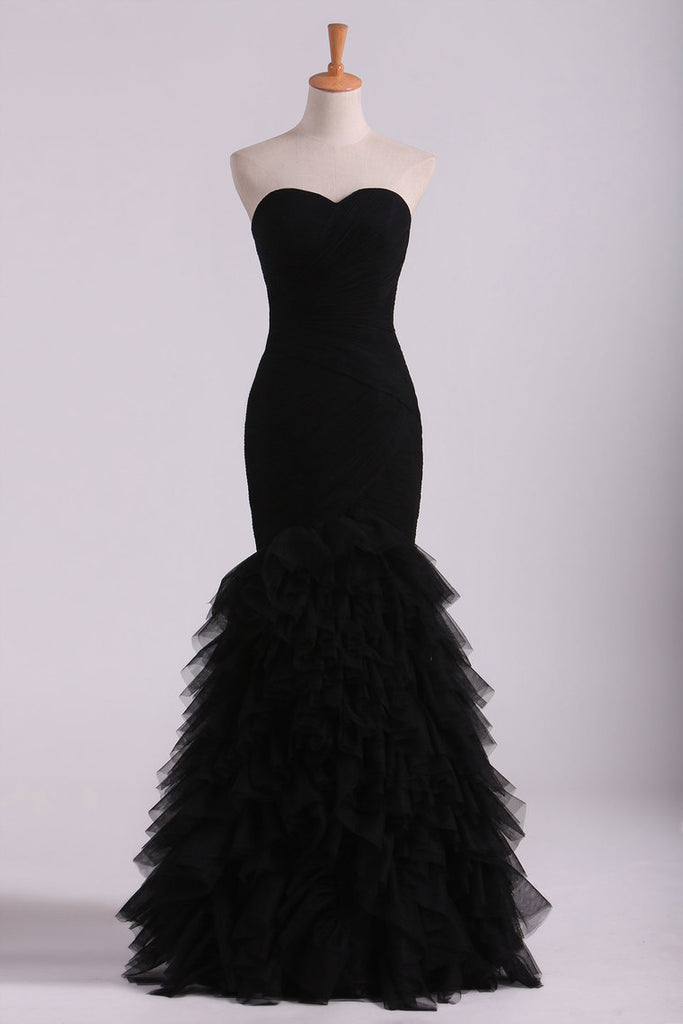 2024 Black Sweetheart Ruffled Bodice Evening Dresses Tulle Floor Length Mermaid