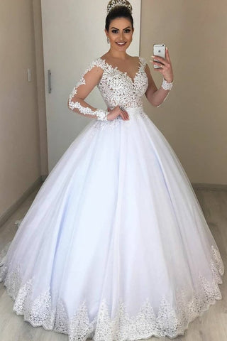 Ball Gown Illusion Sleeves White Wedding Dress With Lace Appliques