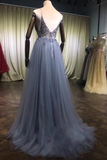 Spaghetti Straps Gorgeous Beading Prom Dress A Line Split Tulle Evening Dresses
