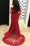 Burgundy Off Shoulder Sweetheart Appliques Lace Prom Dresses with Long Sleeves