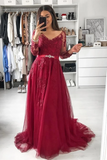 V Neck Long Sleeves A Line Appliqued Tulle Prom Dress With Beading Belt