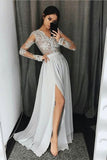 2024 V Neck Long Sleeves Prom Dresses A Line With Applique And Slit
