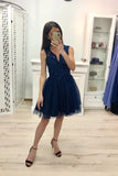 Dark Blue A Line V Neck Prom Dresses, Tulle Short Homecoming Dress