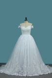 2024 Tulle A Line Off The Shoulder Wedding Dresses With Applique Sweep Train