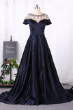 2024 Scoop Short Sleeves Prom Dresses A Line Satin With Beading
