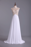 2024 Scoop Neckline Off The Shoulder Prom Dresses White Floor Length Chiffon With Gold Embroidery