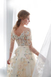 A Line Floor Length Floral Prom Dresses 3/4 Sleeves A-Line Empire Waist Long Evening Gowns