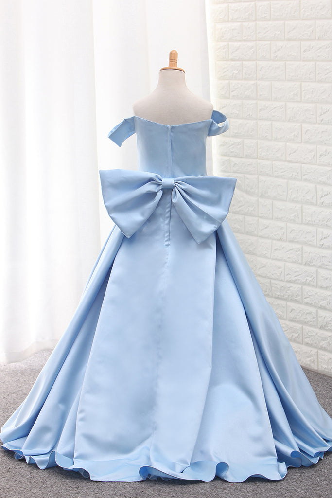 2022 Satin A Line Off The Shoulder Asymmetrical Flower Girl Dresses With Bow Knot