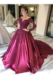 Prom Dress With Long Sleeves And Floral Embroidery Burgundy Colored Court Train