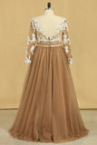 2024 Plus Size Long Sleeves V-Neck A-Line Prom Gown Tulle With Sash & Applique