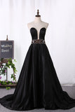 2024 Prom Dresses Sweetheart Satin With Beads Sweep Train A Line