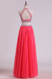 2024 Two Pieces Halter Prom Dresses A Line Tulle With Beading Floor Length